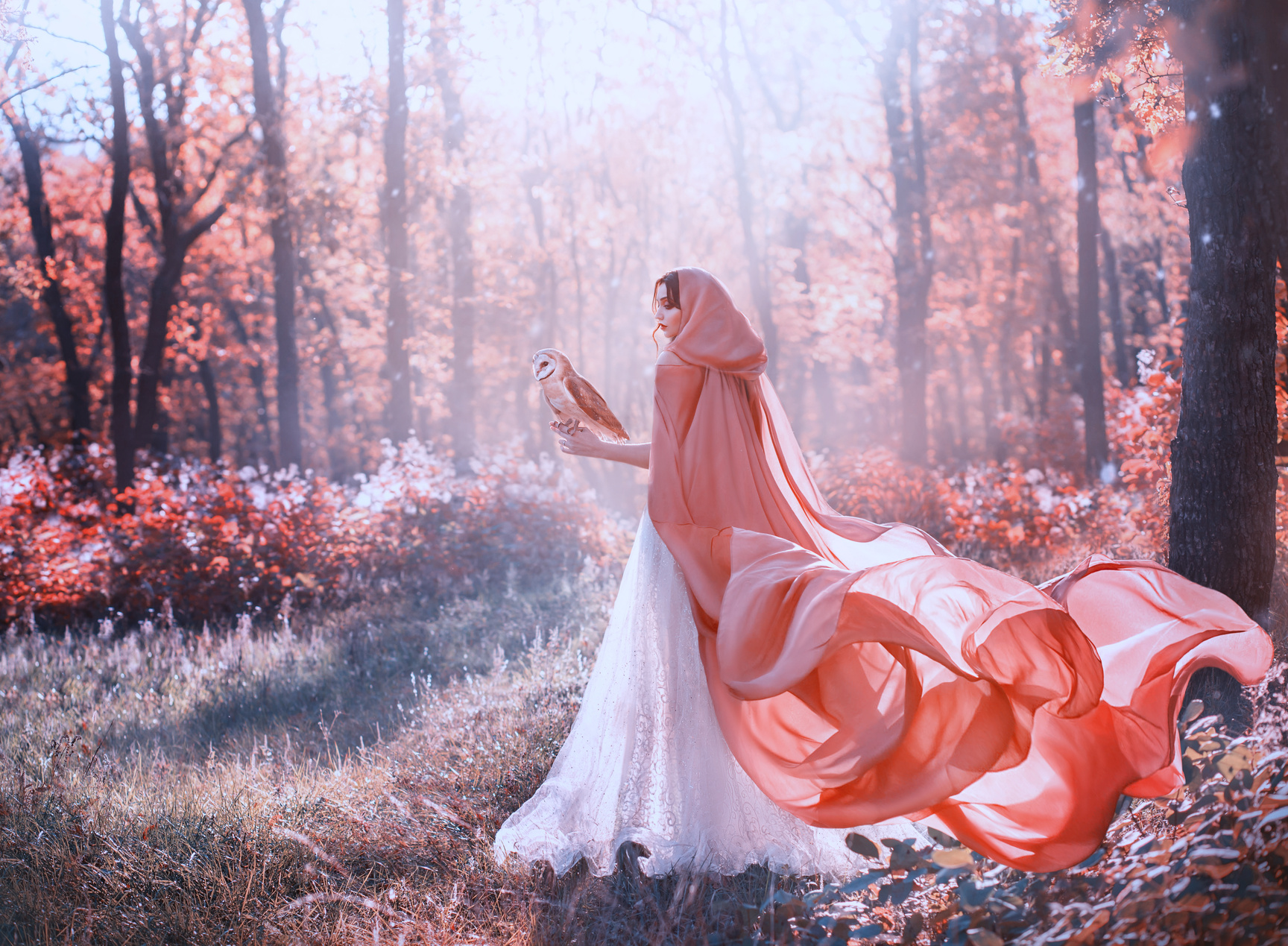 mysterious sorceress holds small hand-held owl, girl in shiny white dress and peachy light flying waving cloak with long train and hood, girl with dark hair running away in cold autumn morning forest